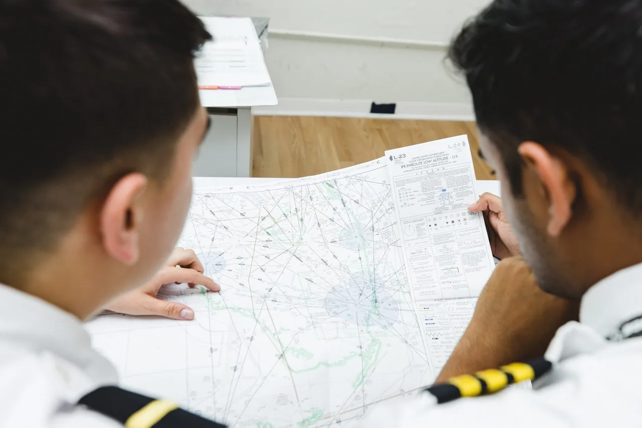 Pilotos revisando uma carta de navegação